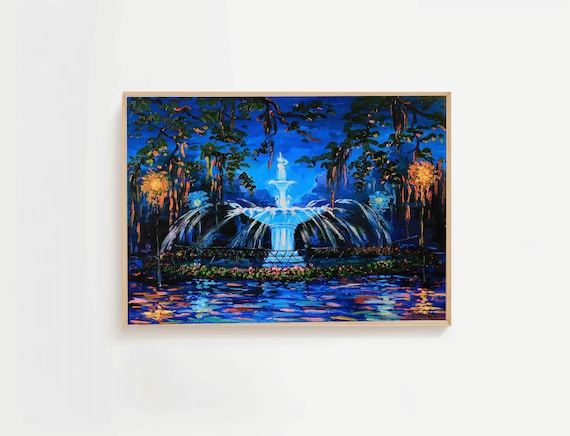 Savannah Forsyth Park Fountain Night Oil Painting Landscape Poster