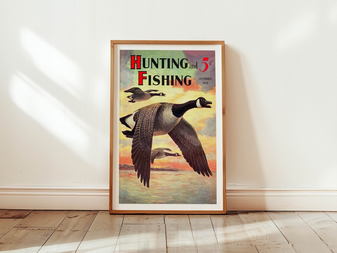 Vintage Hunting Fishing Travel Poster, Rustic Cabin Decor