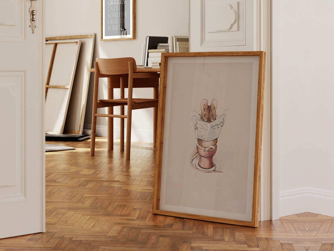 Reading Mouse Bathroom Art Print, Vintage Style Poster