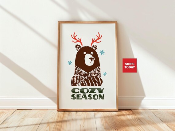 Cozy Season Bear Antlers Knit Scarf Cute Winter Kids Room Poster