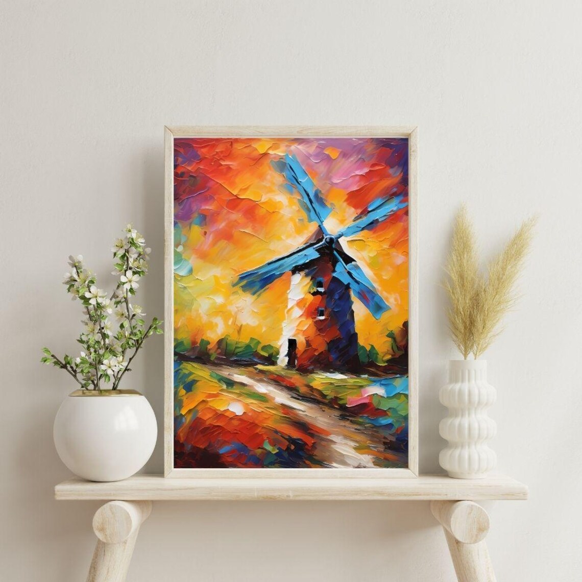 Windmill Sunset Colorful Impasto Countryside Landscape Art Wall Print