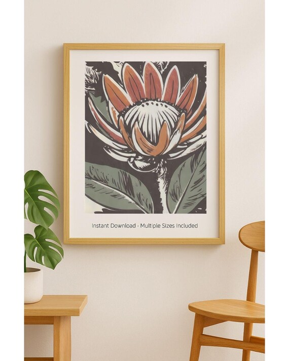 Vintage Protea Flower Print Midcentury Modern Botanical Art