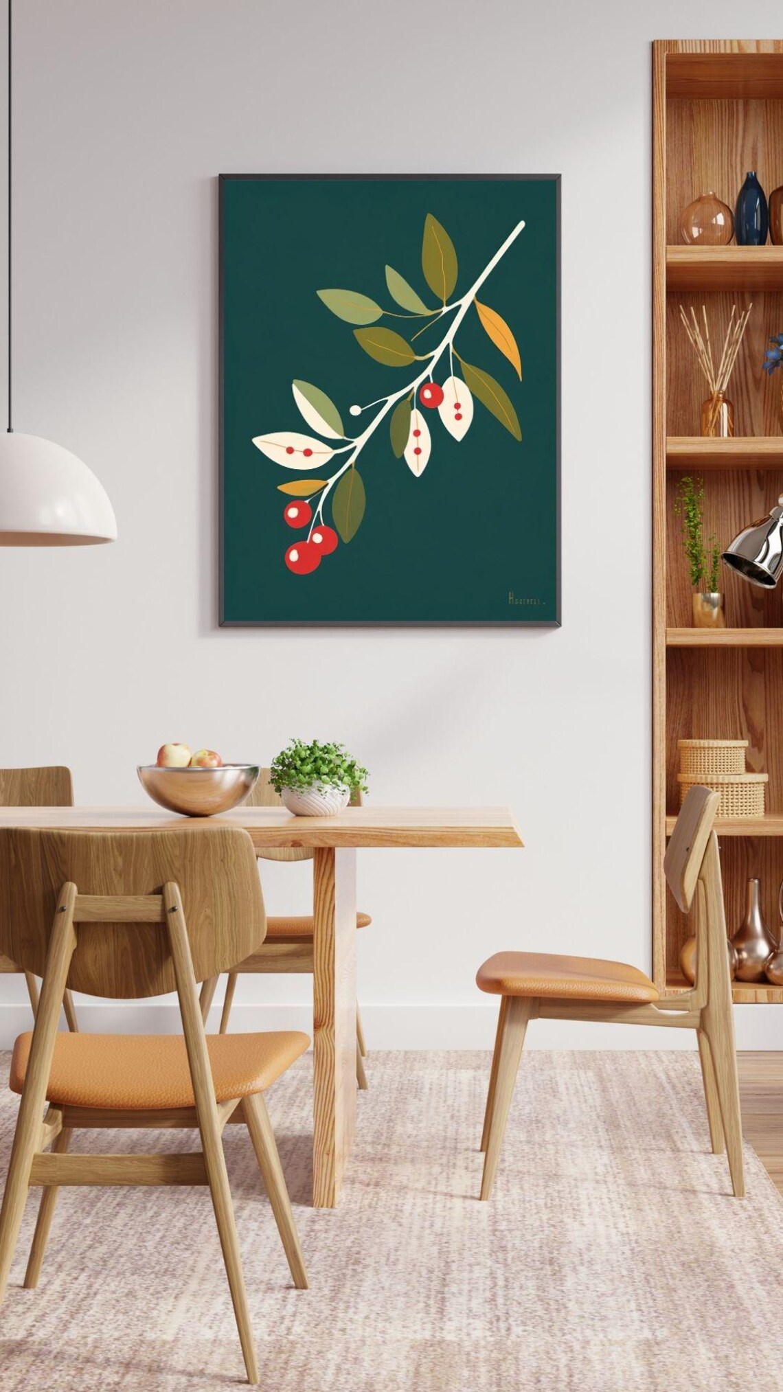 Mistletoe Branch Illustration Red Berries Dark Teal Holiday Wall Art - Image 4