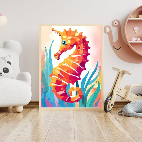Cute Seahorse Pirate Wall Art Print For Toddlers Nautical Bedroom Theme Print Kids Room Decor Boy Girls Bedroom Decor