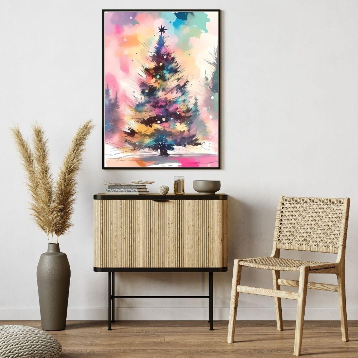 Colorful Christmas Tree Watercolor Pink Teal Holiday Wall Art - Image 3