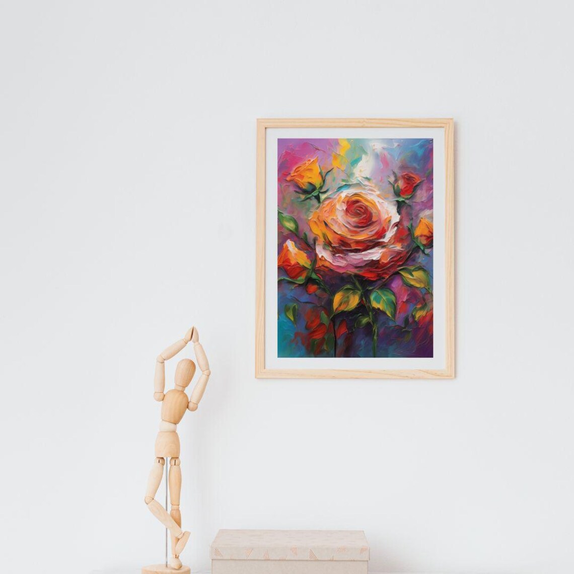 Orange Rose Flower Oil Painting Buds Purple Background Wall Art Print - Image 2