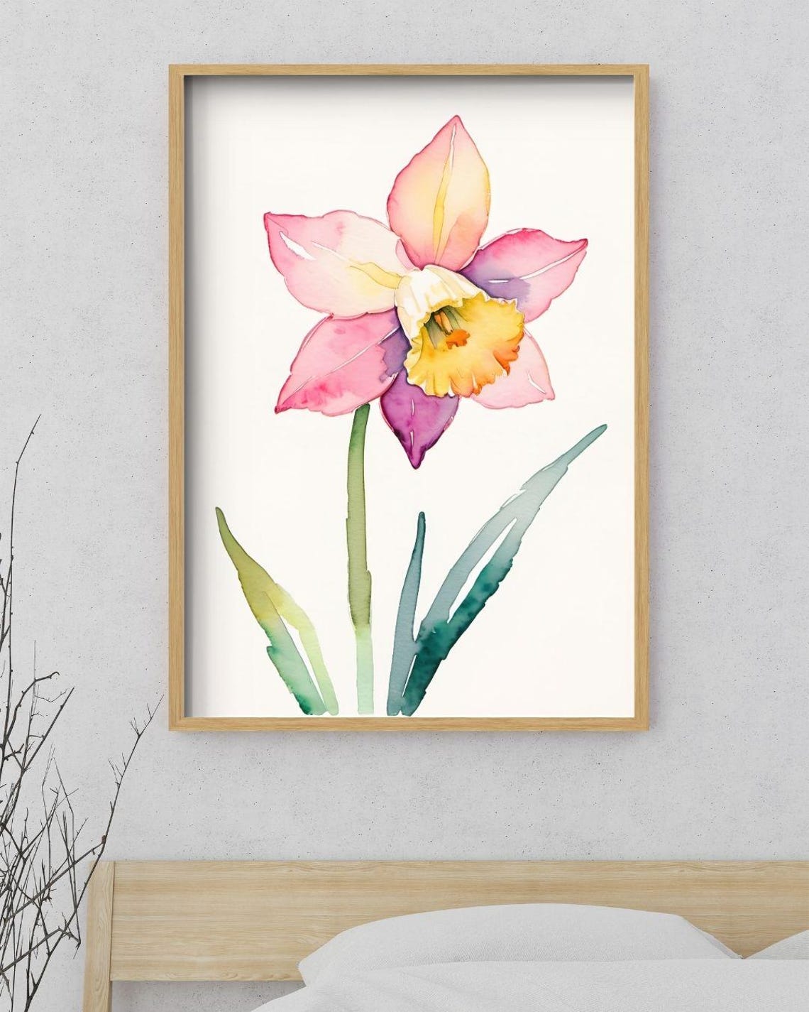 Pink Daffodil Watercolor Single Bloom Spring Minimalist Wall Art Print - Image 3