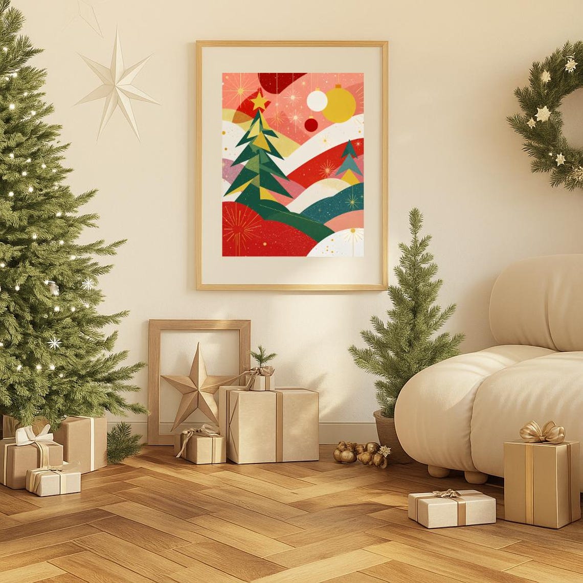 Modern Christmas Tree Wall Art Festive Holiday Abstract Xmas Landscape Mid Century Decor