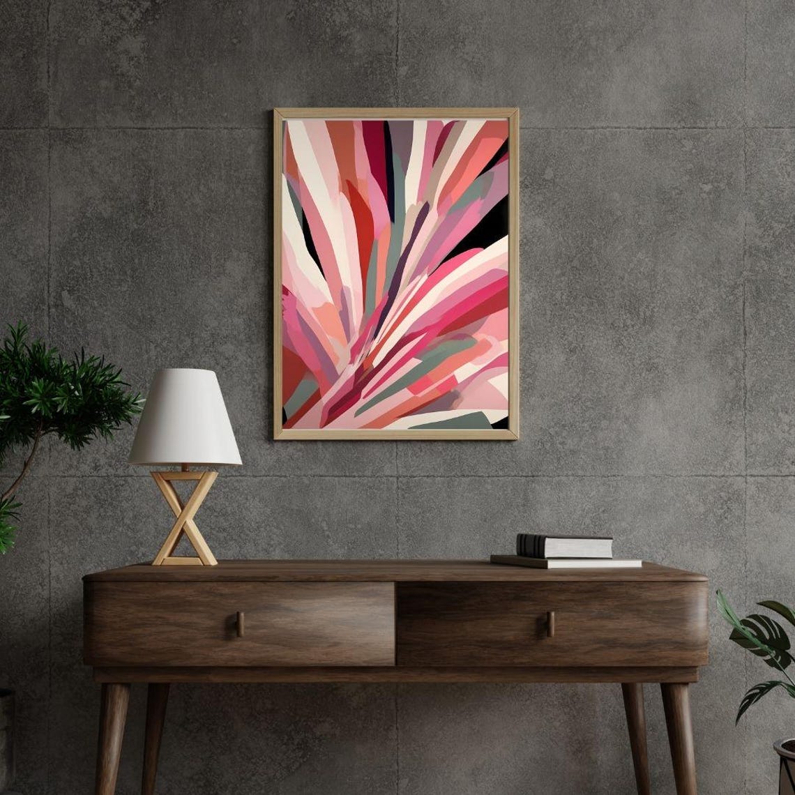 Pink Fan Abstract Radiating Petal Mid Century Modern Blush Wall Art - Image 3
