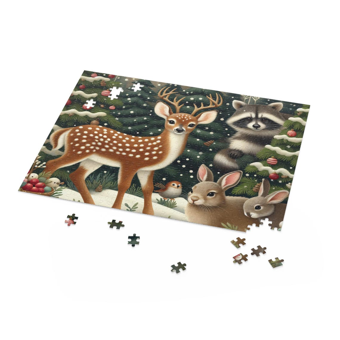 Woodland Animals Christmas Forest Jigsaw Puzzle Deer Raccoon Poster