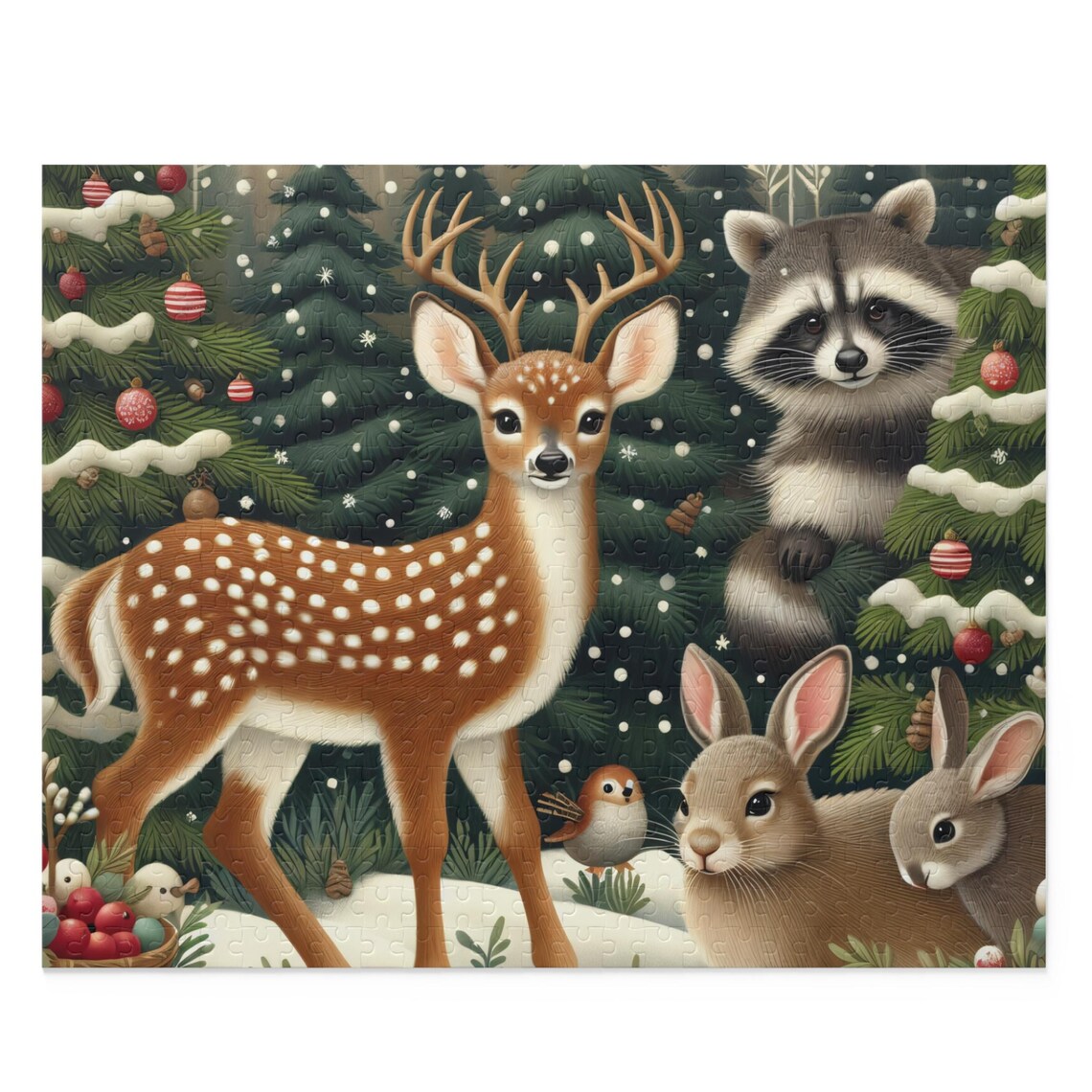 Woodland Animals Christmas Forest Jigsaw Puzzle Deer Raccoon Poster - Image 2