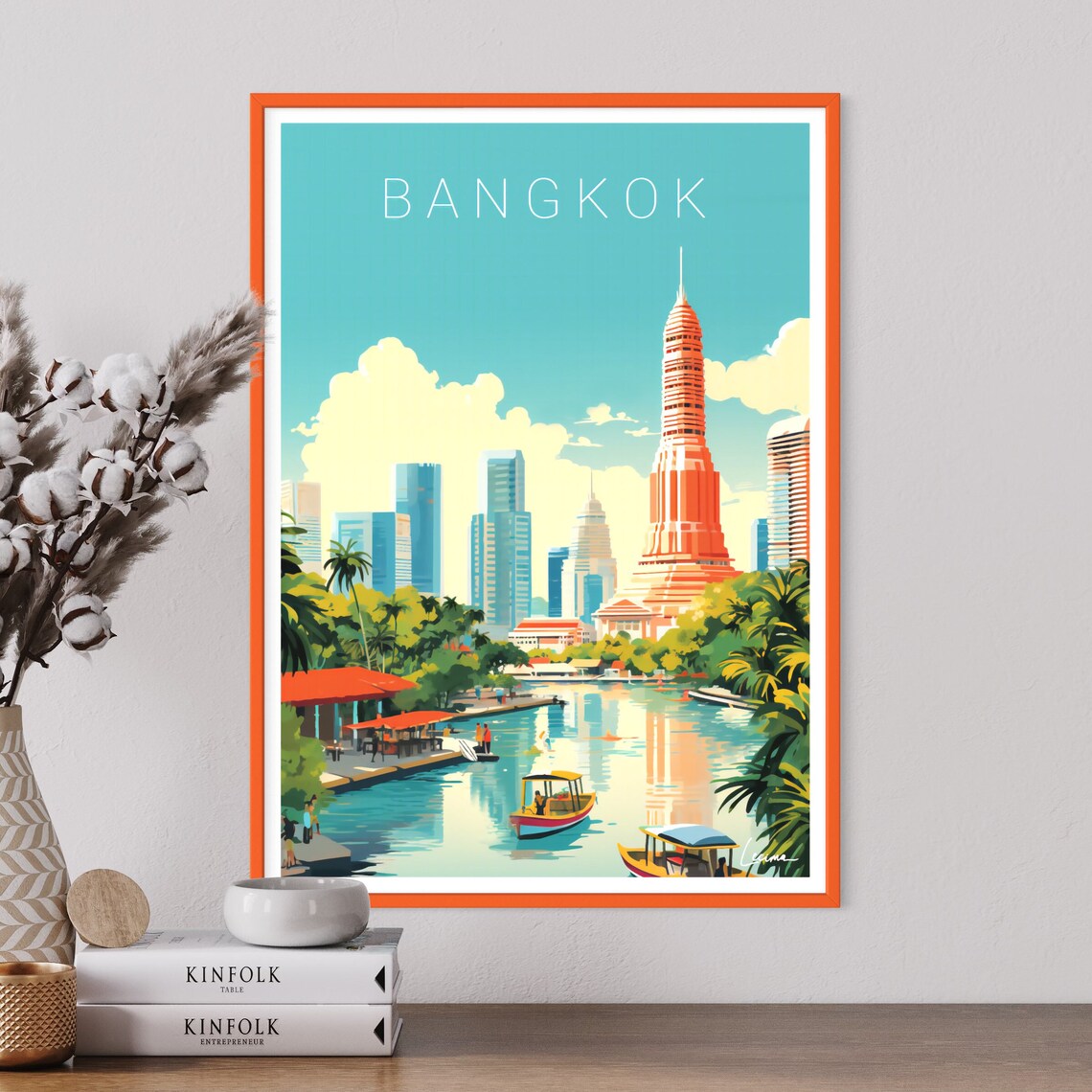 Bangkok Canal Travel Poster With Boats and Temple Skyline at Dusk