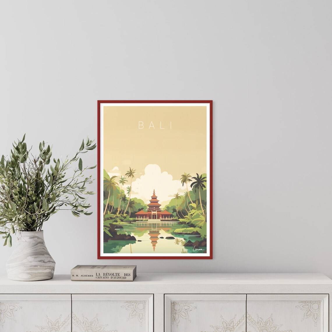 Bali Indonesia Tropical Temple by the Lake Palm Trees Travel Poster