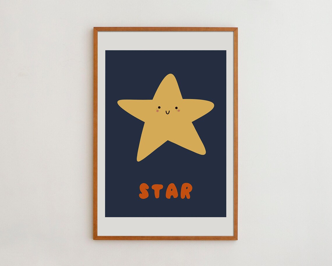 Smiling Yellow Star Cute Navy Background Kids Night Sky Poster
