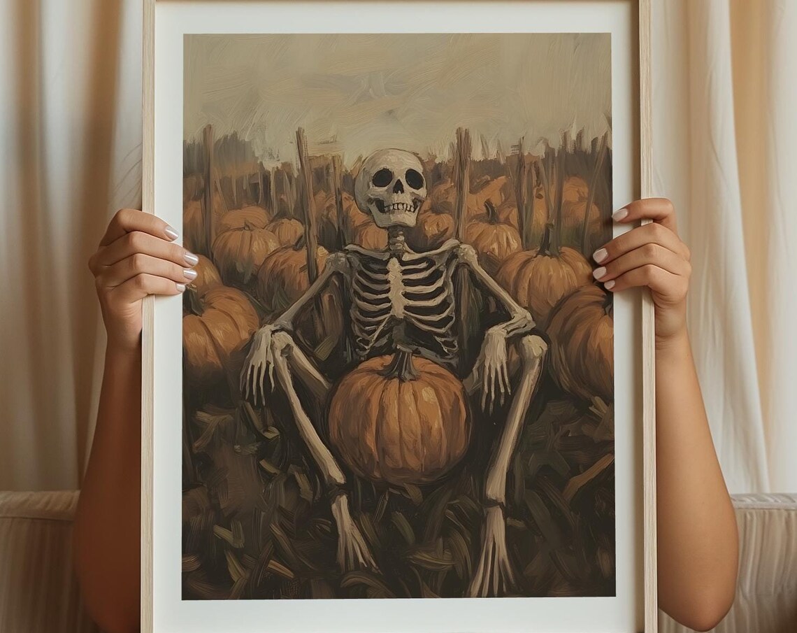 Pumpkin Patch Skeleton Resting Moody Vintage Halloween Oil Painting Poster - Image 4
