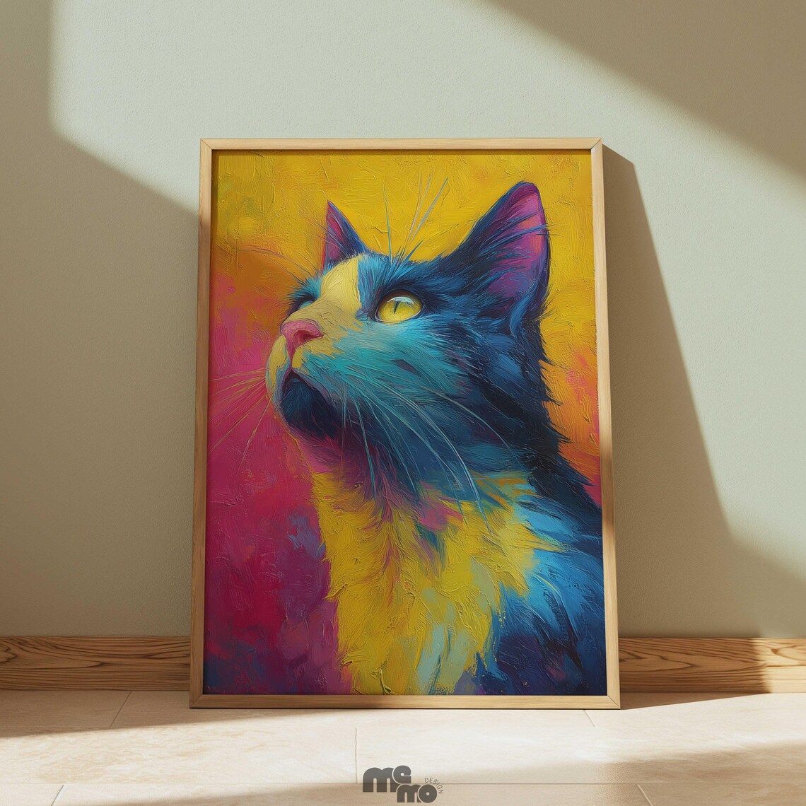 Vibrant Colorful Cat Portrait In Blue And Yellow Oil Painting Poster