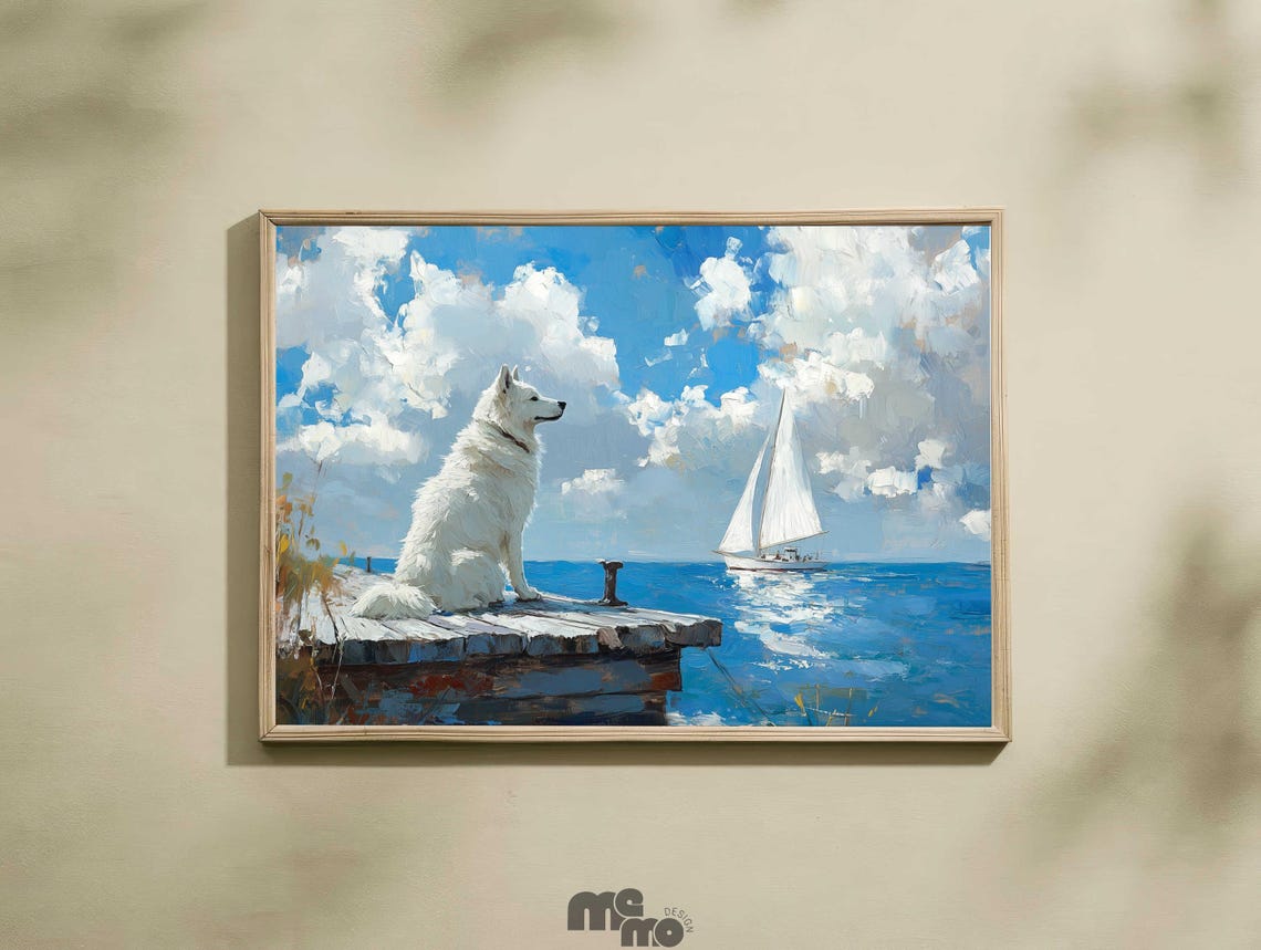 White Dog Sitting on Wooden Dock Watching Sailboat on the Sea Poster