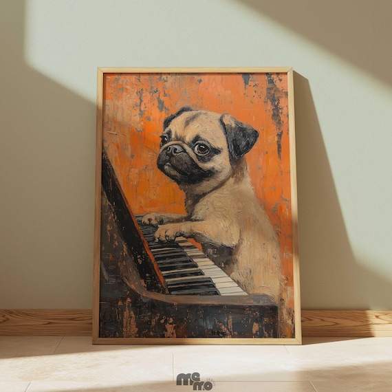 Pug Playing Piano, Funny Musician Dog Portrait