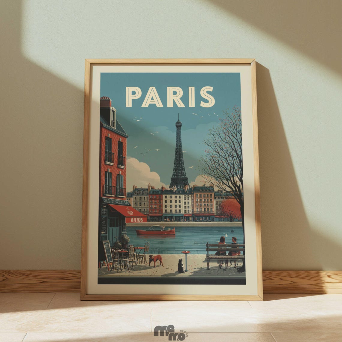 Paris Retro Travel Poster Eiffel Tower Seine Café With Dogs Scene