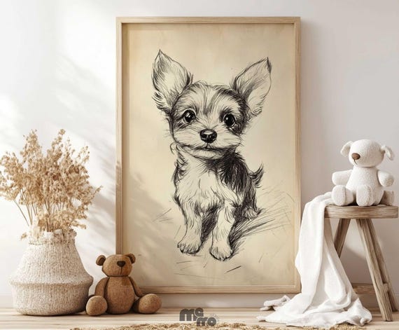 Adorable Puppy Pencil Sketch, Nursery Dog Art Print