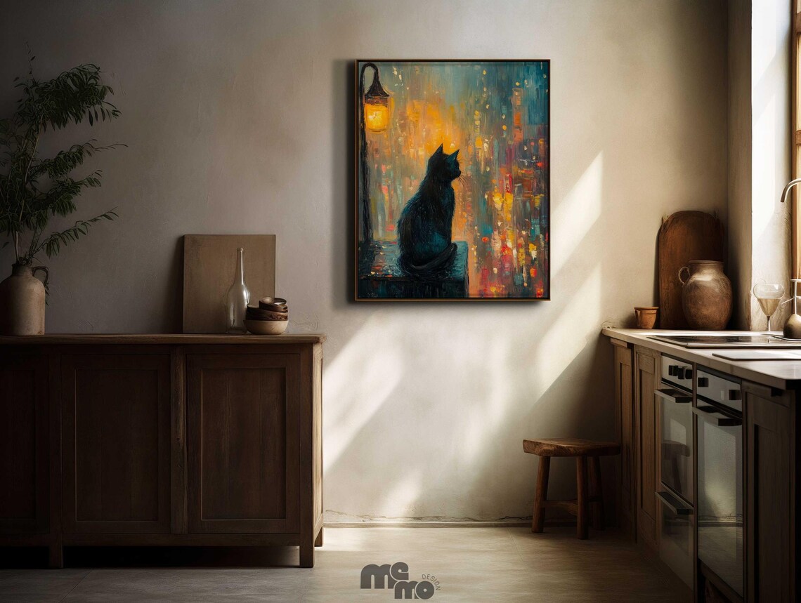 Black Cat Night City, Moody Street Lamp Art Print - Image 5