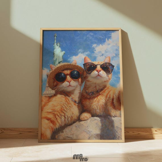 Orange Tabby Cat Statue Of Liberty Wall Art Funny Selfie Nyc Travel Oil Painting Pet Portrait For Lovers Gift