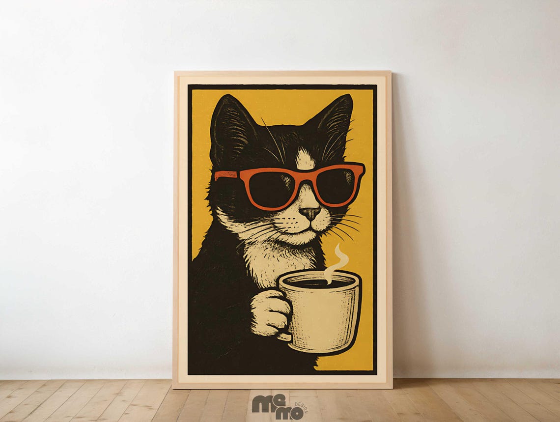 Cool Tuxedo Cat Coffee Retro Vintage Sunglasses Humor Art Poster