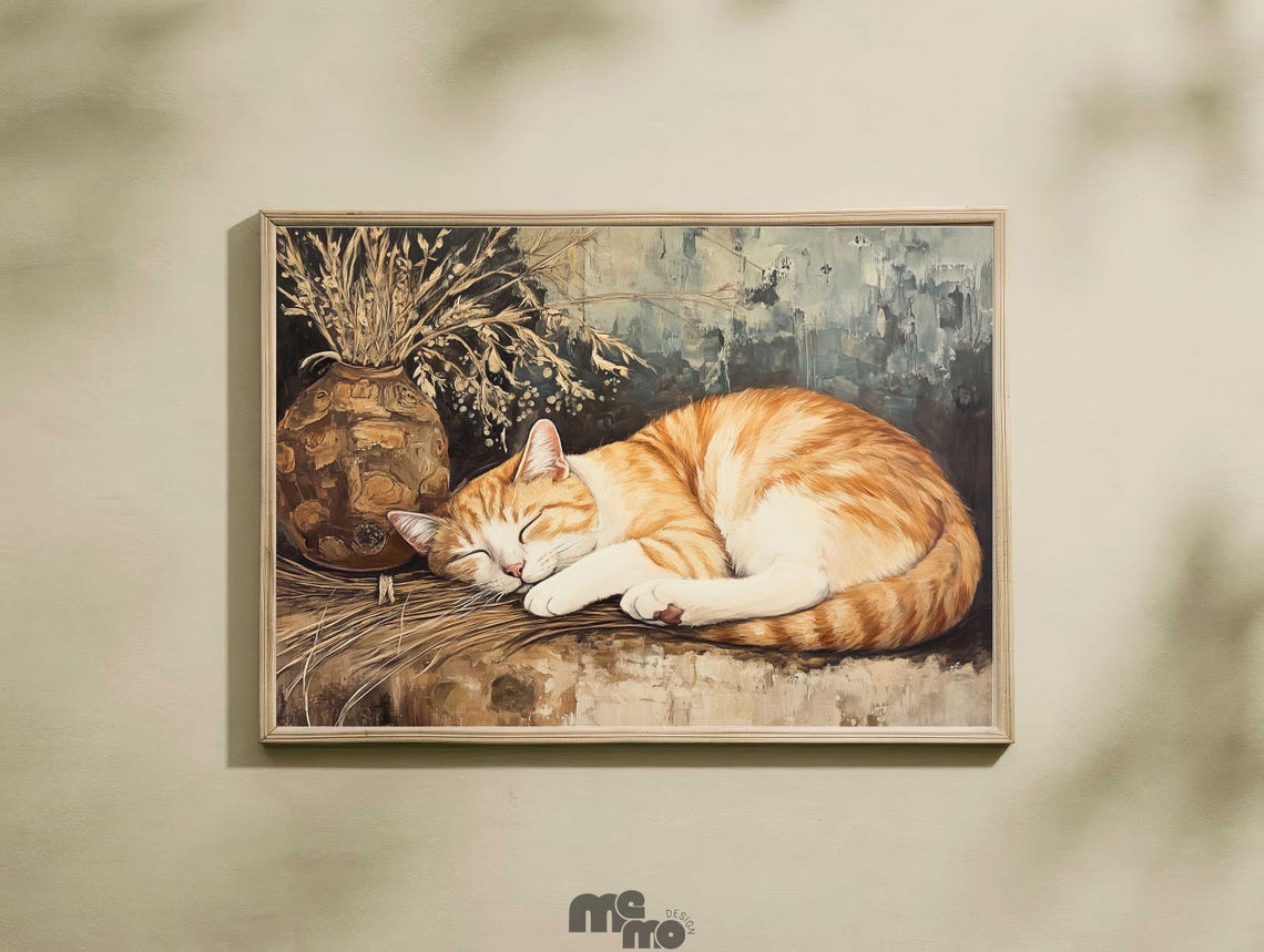 Sleeping Ginger Cat Beside Vase of Dried Flowers Rustic Art Poster