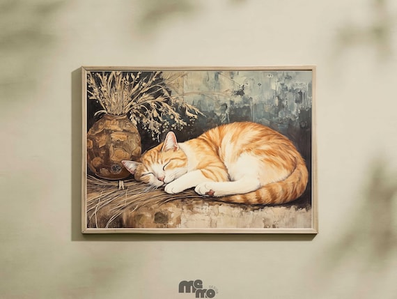 Sleeping Ginger Cat Beside Vase of Dried Flowers Rustic Art Poster