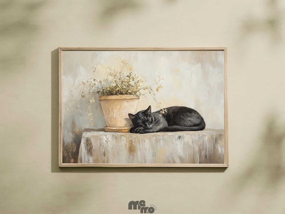 Sleeping Black Cat Next to a Potted Plant Cozy Minimalist Art Poster