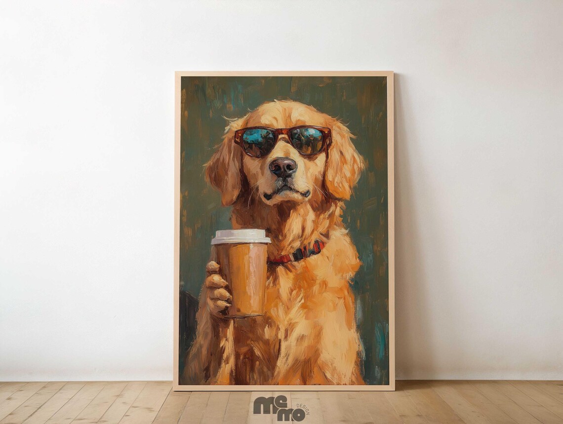 Golden Retriever Coffee Lover Dog Poster, Funny Sunglasses