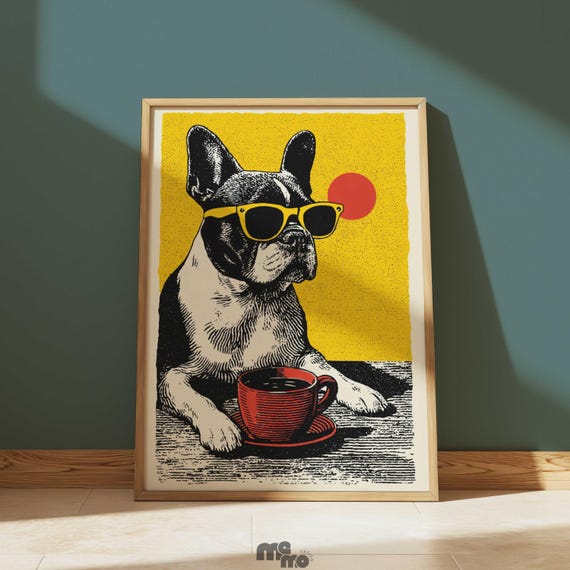 Vintage French Bulldog Coffee Wall Art Print Funny Dog With Yellow Sunglasses Retro Pet Poster For Lovers Kitchen Decor