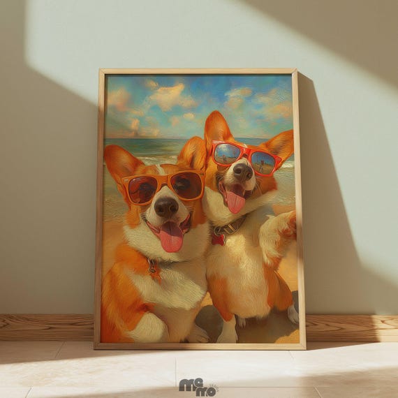 Beach Corgi Dog Wall Art Funny Selfie Summer Painting Cute Ocean Vacation Gift Lovers Vintage Decor