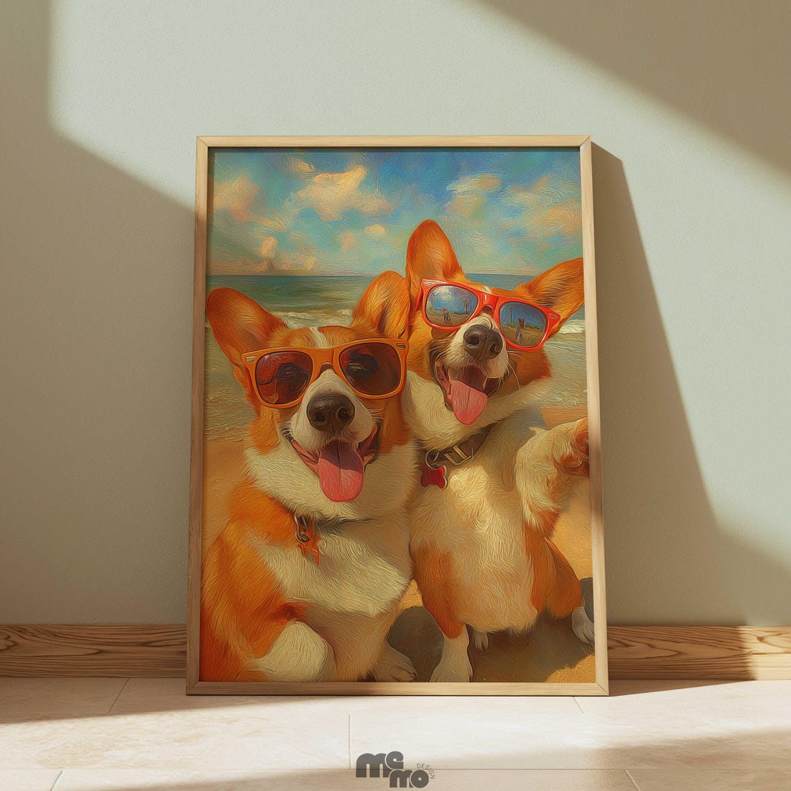Two Happy Corgis in Orange Sunglasses at Beach Summer Funny Print