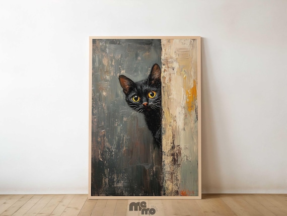 Black Cat Peeking, Funny Curious Cat Oil Painting