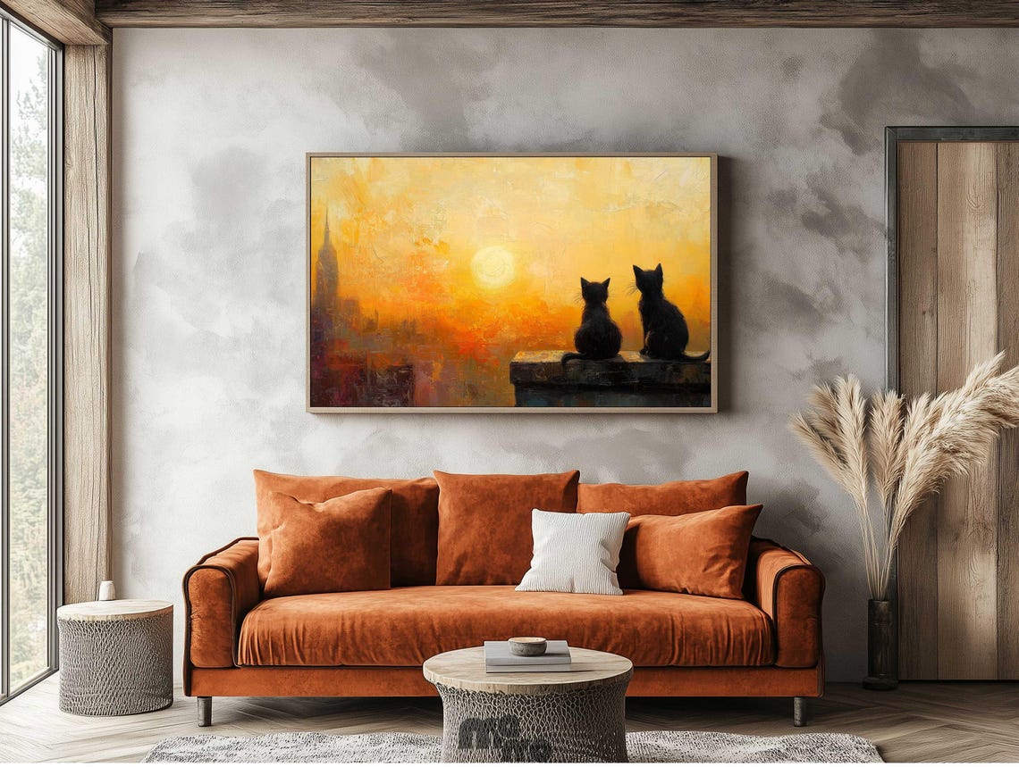 Two Black Cats Watching Sunset, Minimalist Art Print - Image 4