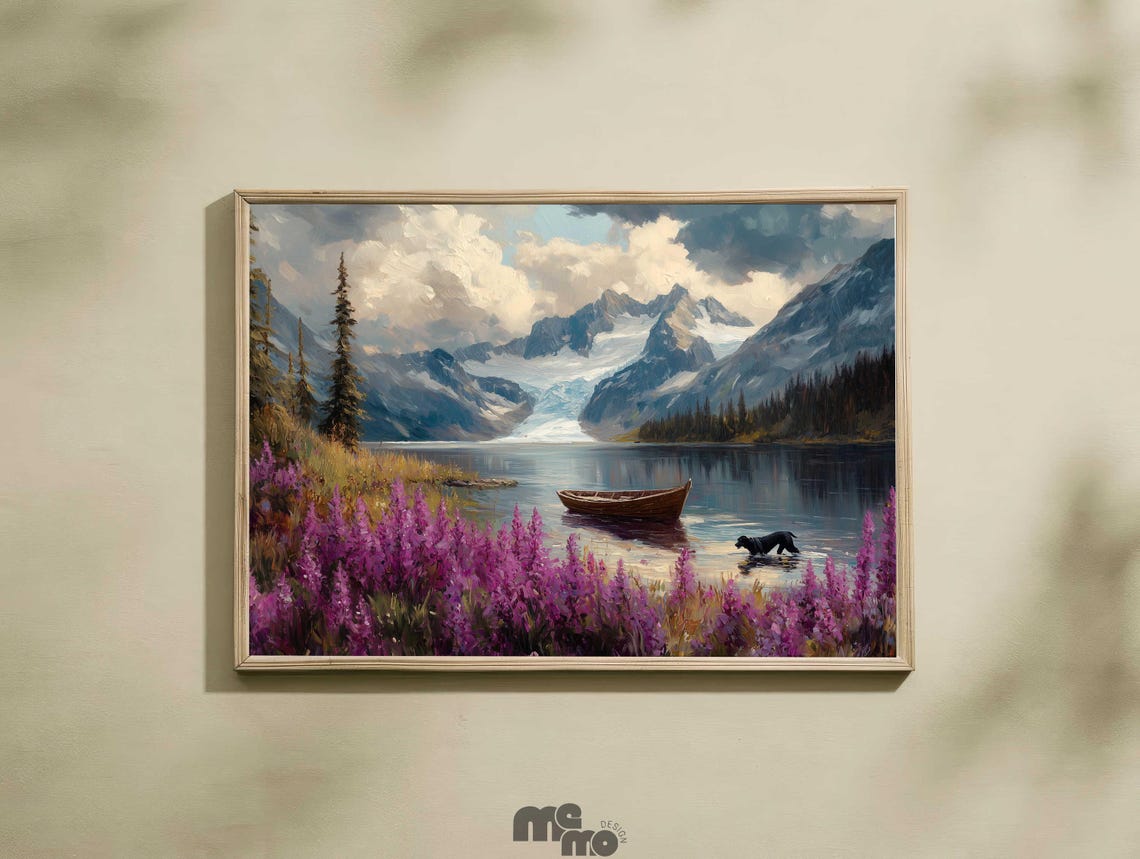 Black Labrador Alaskan Lake Oil Painting Poster Glacier Mountain Scene