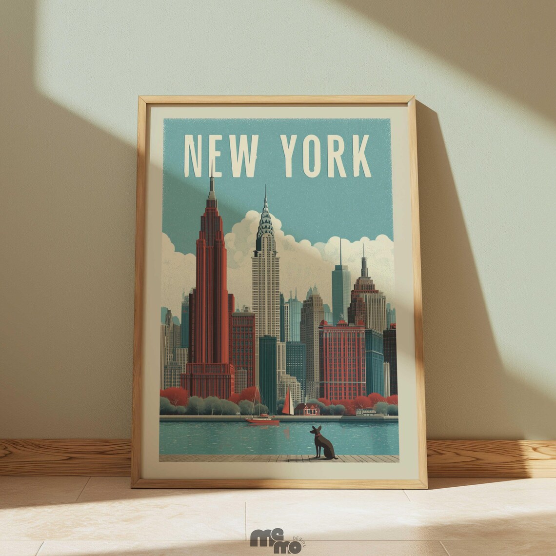 New York Manhattan Skyline Retro Travel Poster Dog And Sailboat