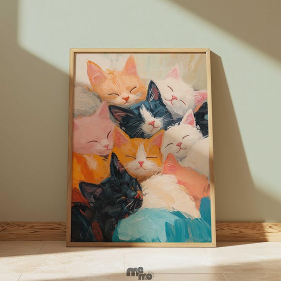 Sleeping Cat Wall Art Poster Cute Kittens Oil Painting Premium Matte Paper Print Cozy Pet Artwork For Lover Nursery Or Decor Gift
