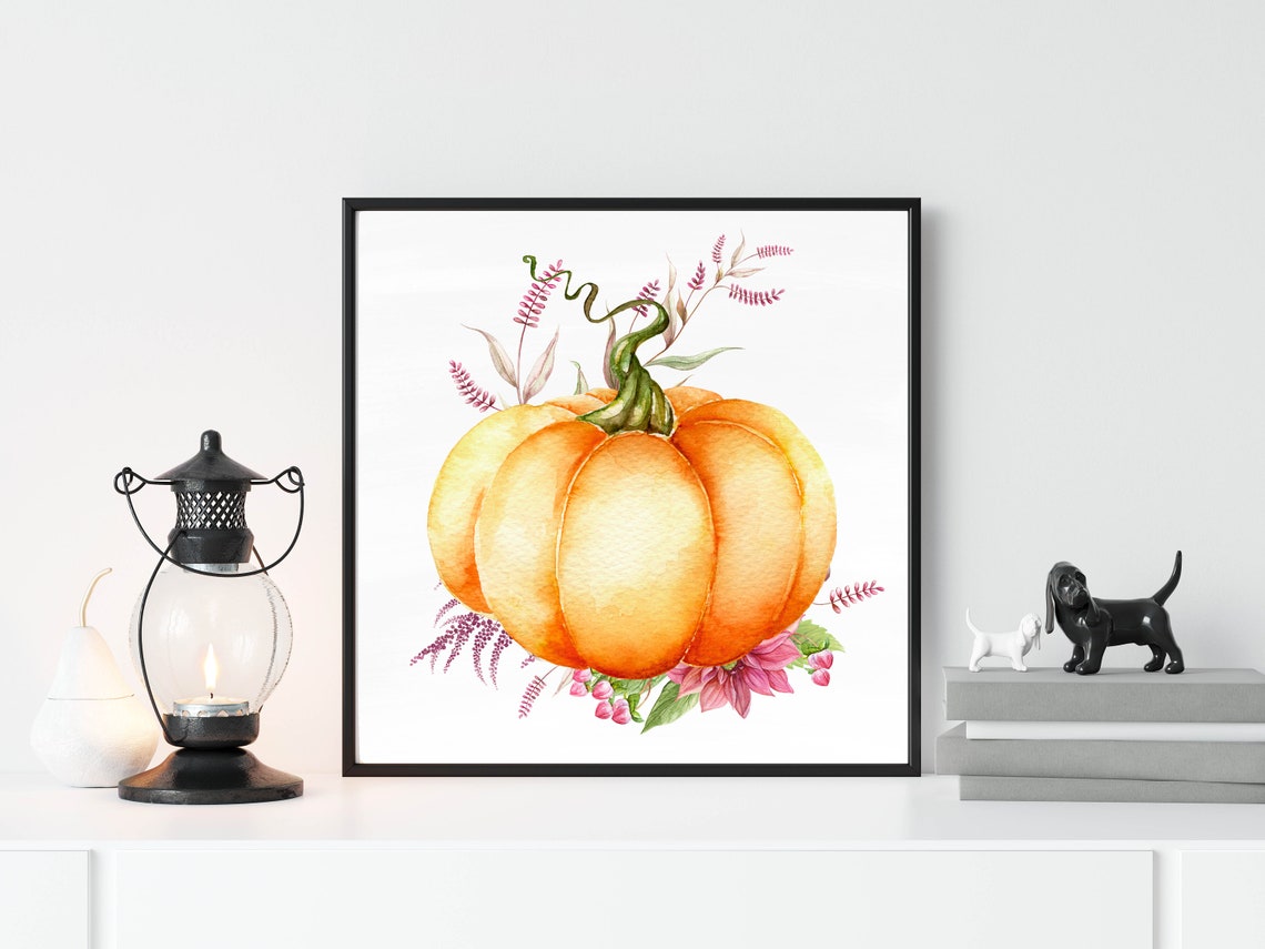 Watercolor Orange Pumpkin with Pink Florals Fall Kitchen Wall Poster - Image 3