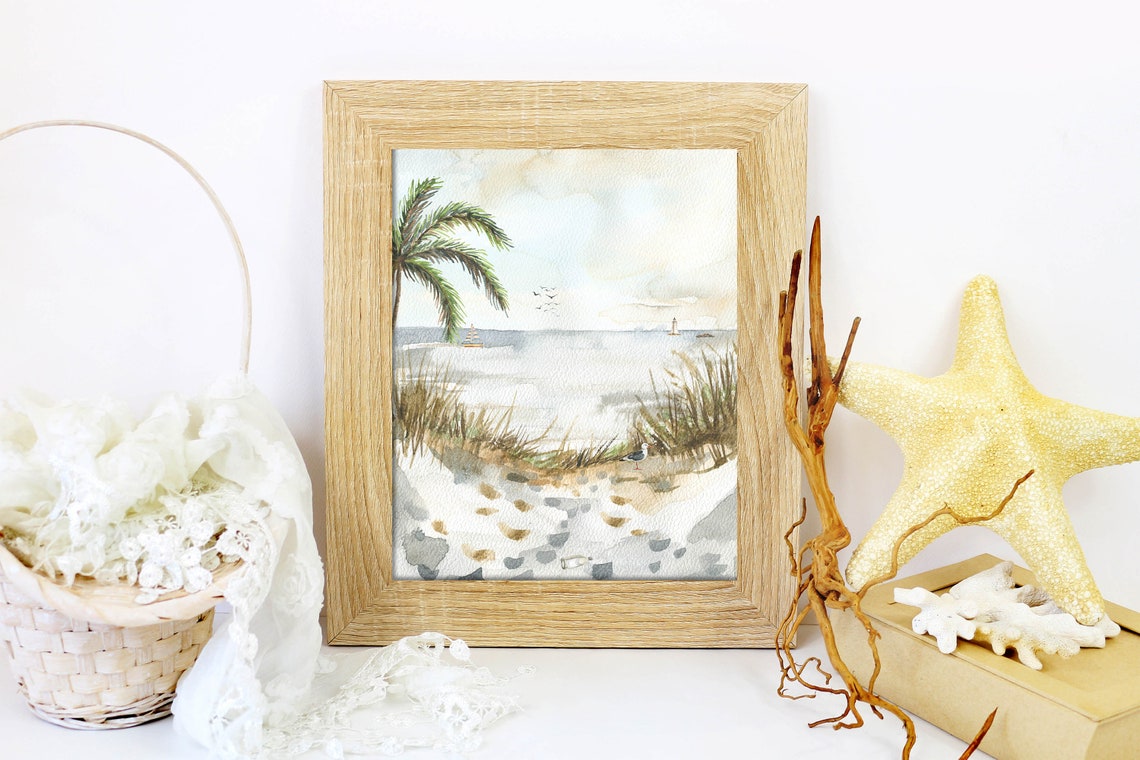 Beach Watercolor Seashore Palm Tree Seagull Sailboat Lighthouse Poster - Image 9