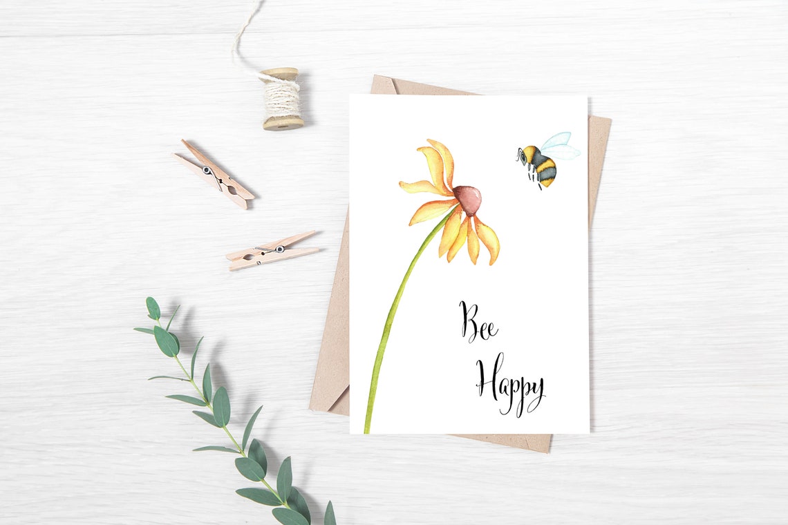 Bee Happy Daisy Bumblebee Watercolor Motivational Quote Poster - Image 2