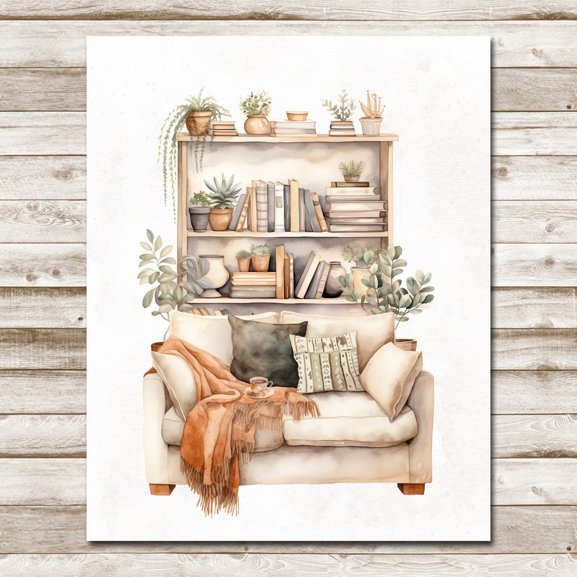 Cozy Book Nook Watercolor Bookshelf Reading Corner Loveseat Poster - Image 4