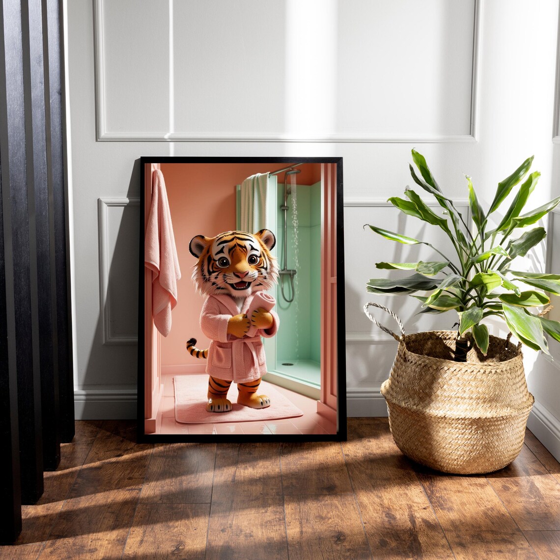 Adorable Tiger Cub In Pink Bathrobe Standing In Bathroom Poster - Image 4