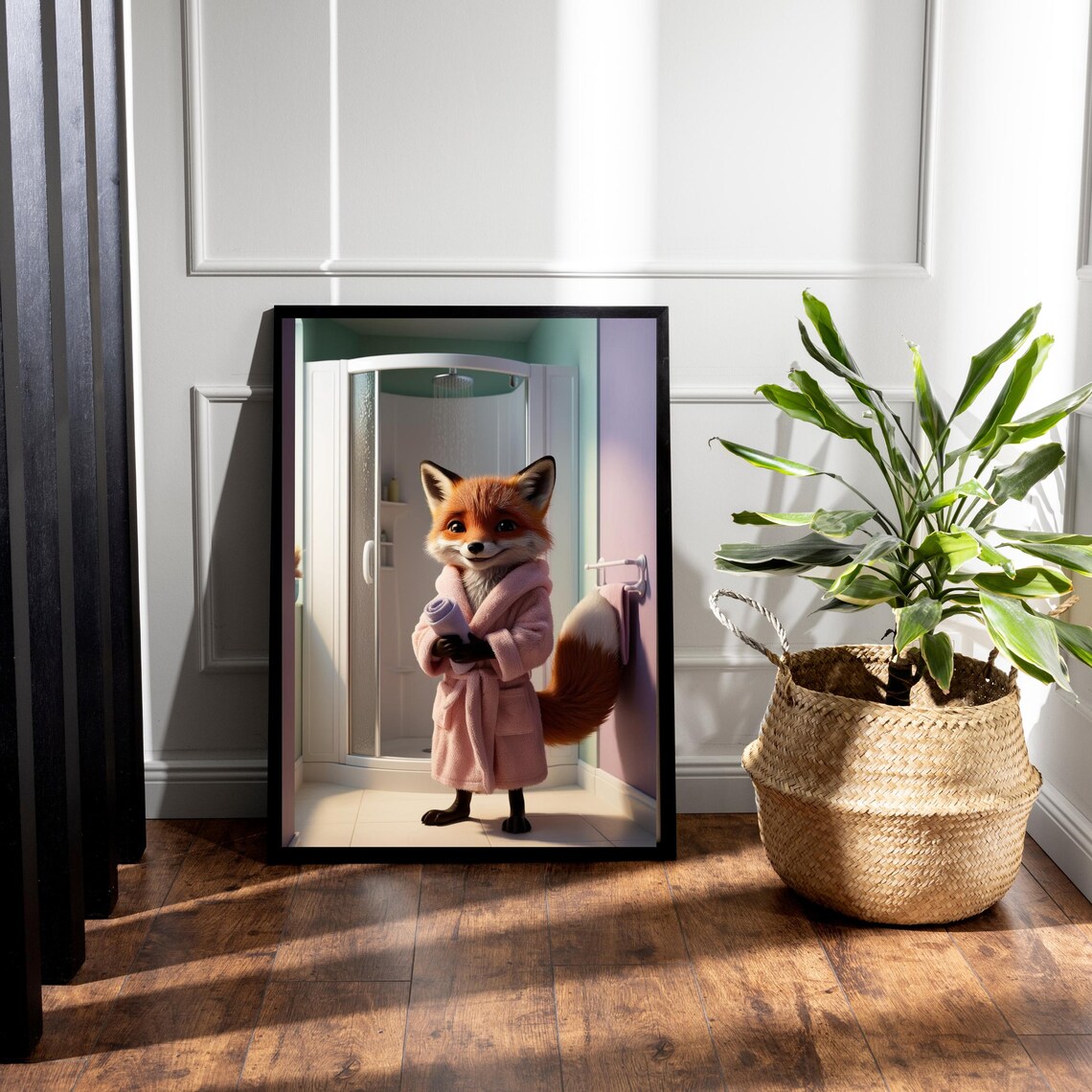 Cute Smiling Fox In Pink Bathrobe Holding Towel In Bathroom Poster - Image 4