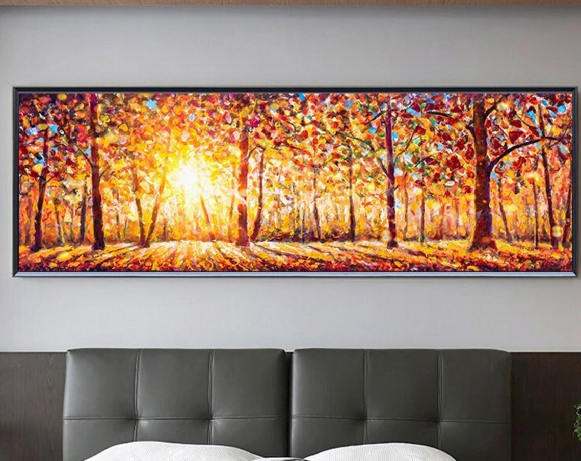 Sunset Forest Oil Painting, Boho Autumn Landscape Art Print
