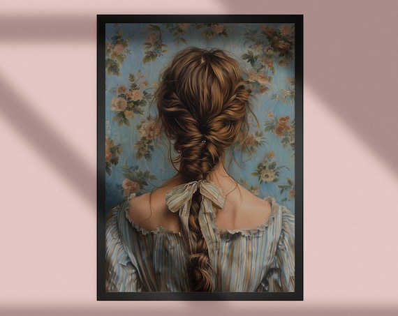 Vintage Woman With Braided Hair And Bow Floral Wallpaper Art Poster