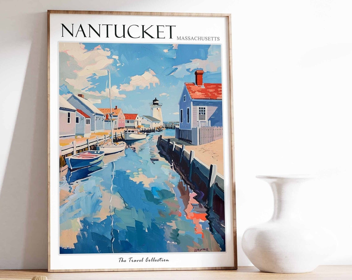 Nantucket Massachusetts Harbor Lighthouse Coastal Scene Travel Print