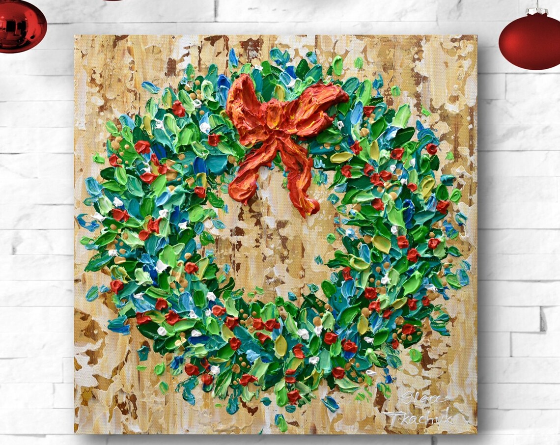 Christmas Wreath Red Bow Gold Holiday Impasto Floral Art Poster