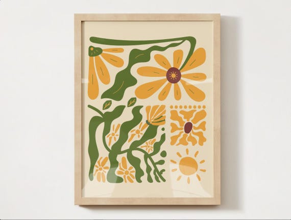 Abstract Floral Print Yellow Flowers Green Stems